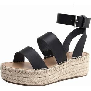 Women's Espadrille Flatform Ankle Strap‎ Sandal Wedge, Faux Leather, Black 7.5